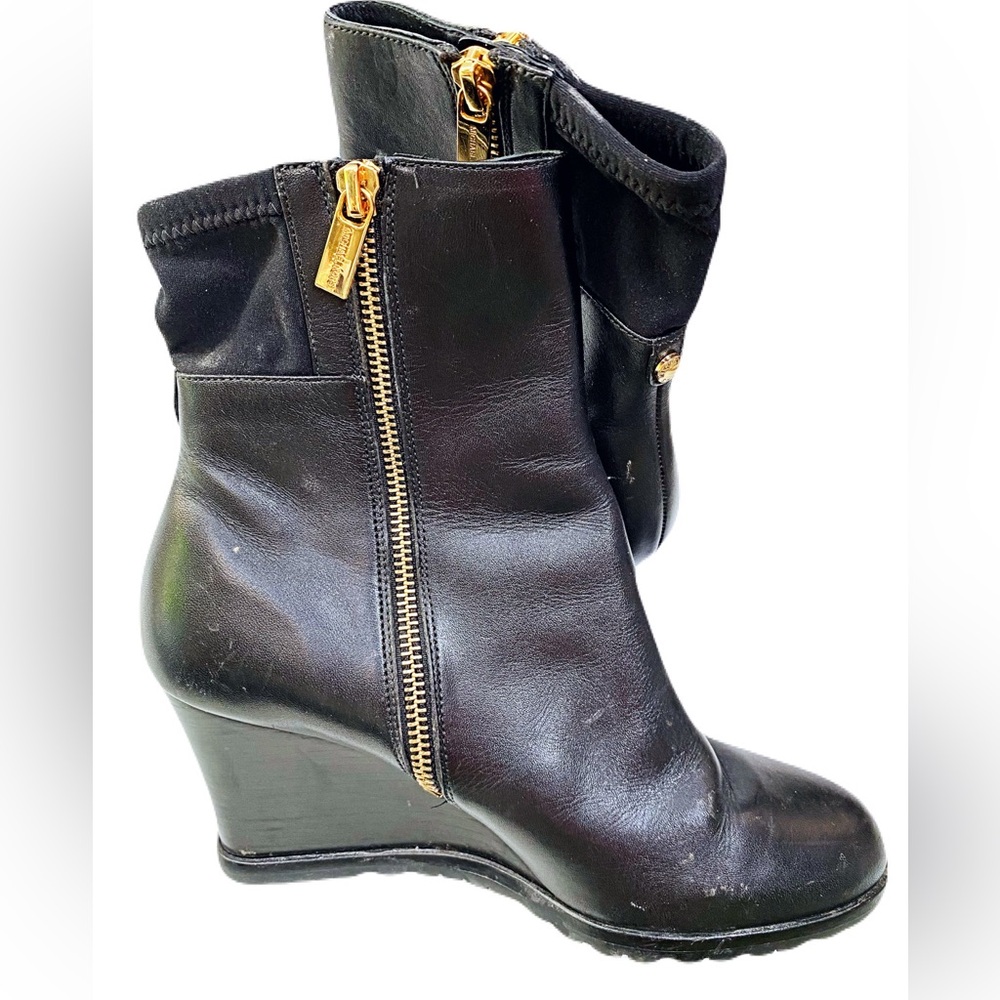 Michael Kors Black Wedge Ankle Boots with Gold Zipper